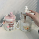 Axyaa Bear Glass Water Cup With Handle Lid, Jumbo Straw, Portable Double Drinking Mug