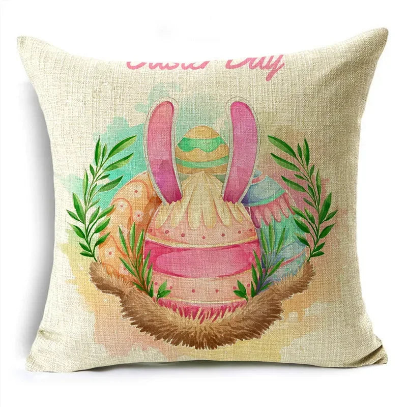 Axyaa Easter Pillowcase with Colored Eggs and Rabbit Print