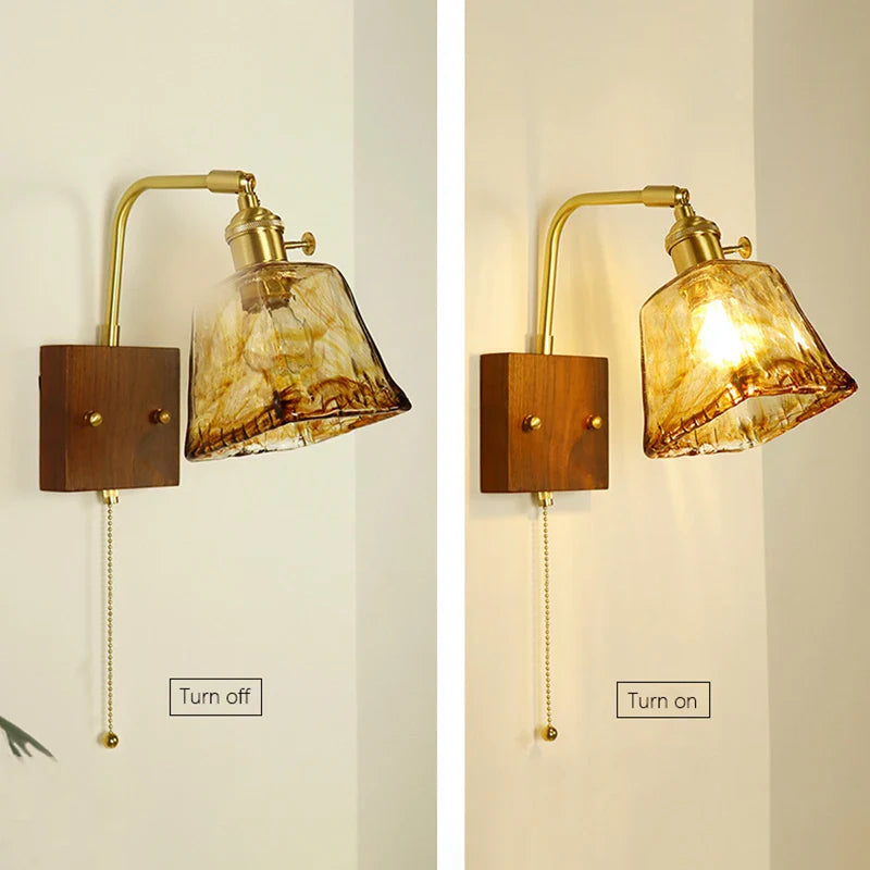 Axyaa Retro Wooden Brass Glass Wall Lamp with Pull Switch