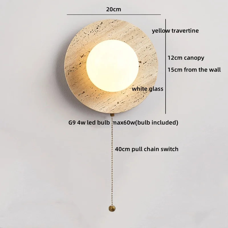 Axyaa Wabi Sabi LED Wall Light Yellow Travertine Stone Glass Ball Wandlamp