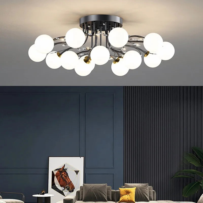 Axyaa Black Gold Glass Bubble Ball LED Ceiling Light with Crystal - Bedroom Living Room Aesthetic