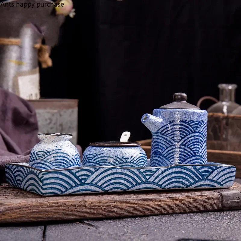 Axya Blue Fish Pattern Ceramic Spice Jar Set with Tray and Condiment Bottles