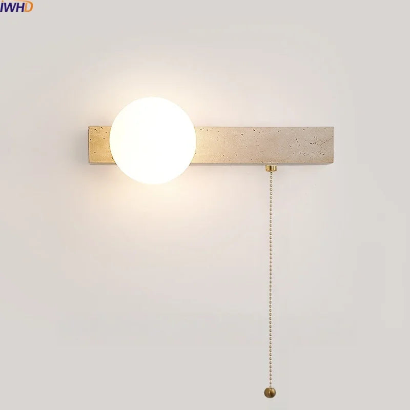 Axyaa White Glass LED Wall Sconce Lamp Yellow Travertine Stone Mirror Light