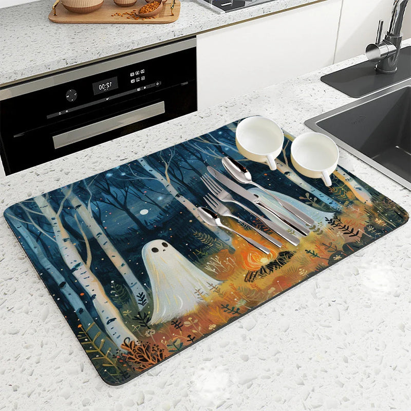 Axyaa Halloween Desk Drain Pad: Heat Resistant Dish Drying Mat, Non-slip Kitchen Placemat