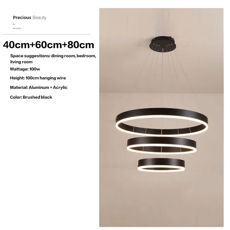 Axyaa Black LED Ring Chandelier Ceiling Light, Modern Circular Pendant for Kitchen, Living, and Dining Rooms.