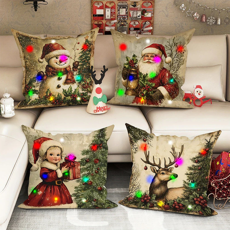 Axyaa LED Christmas Pillowcase with Santa Claus Snowman Fawn Design Home Party Decor