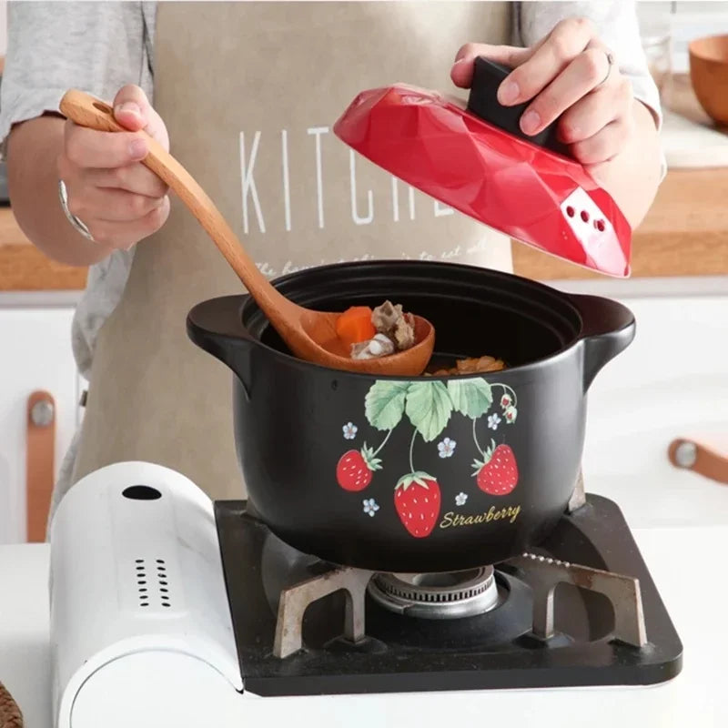 Axya Ceramic Strawberry Casserole Soup Pot - Red Round Kitchenware