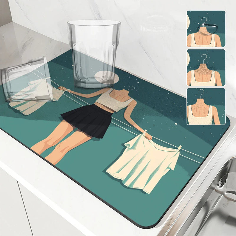 Axyaa Clothesline Art Drying Mat: Non-Slip Absorbent Tableware Mat for Kitchen Counter