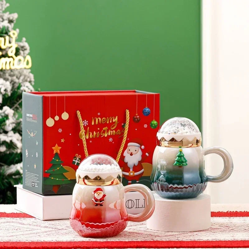 Axyaa Ceramic Christmas Mug with Lid - Santa Claus Design - 500ml