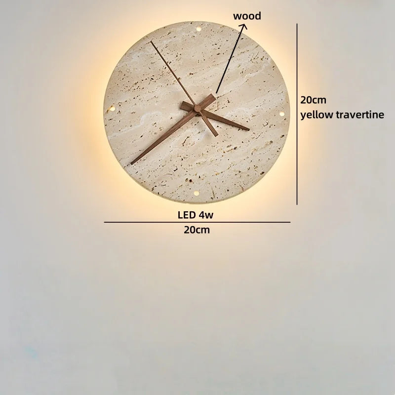 Axyaa Stone Clock LED Wall Light Yellow Travertine Wooden Pointer for Living Room