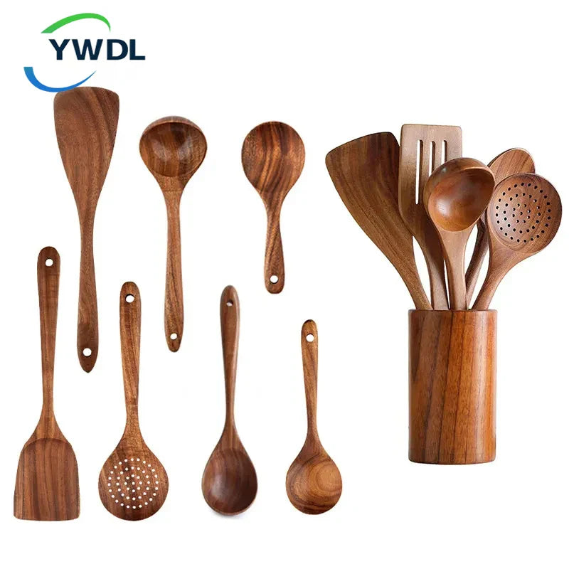 Axya Teak Wooden Cooking Utensil Set with Hanging Hooks