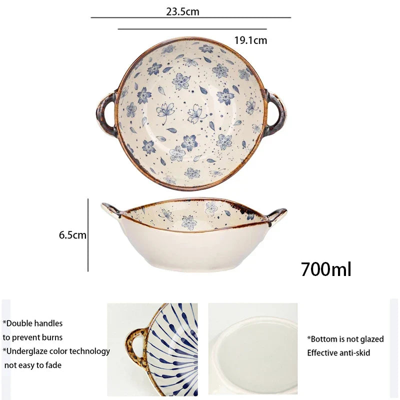 Axya 7.5" Retro Ceramic Salad Bowl with Handle, Microwave Safe Fruit Plate and Soup Noodle Bowl