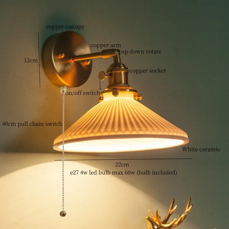Axyaa Nordic LED Wall Lamps, Modern Copper Arm Ceramic Light for Living Room, Bedroom