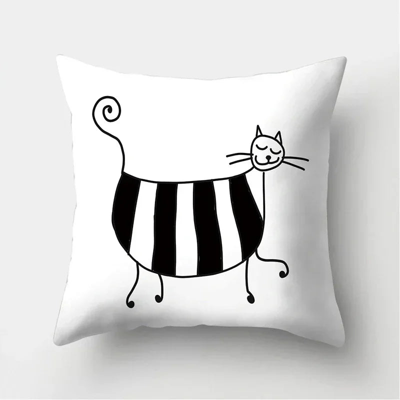 Axyaa Black & White Cat Pattern Cushion Cover for Living Room, Bedroom & Sofa