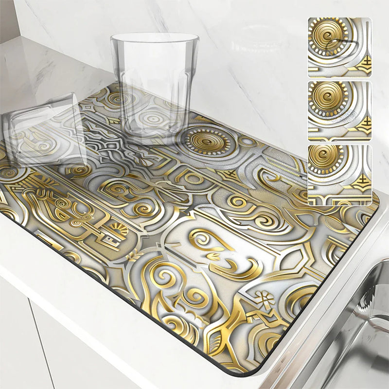 Axyaa Metallic Pattern Coffee Mat: Quick Kitchen Drying Mat for Draining Dishes & Utensils
