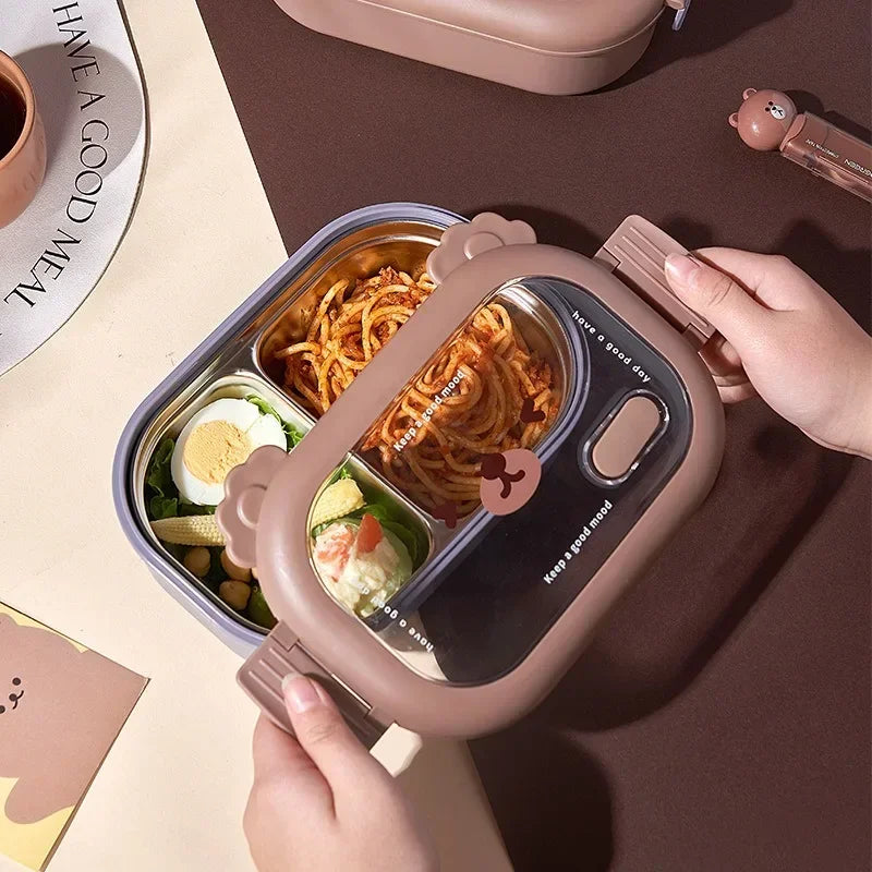 Axyaa Bear Lunch Box: Stainless Steel Portable Sealed Food Container for Kids & Office