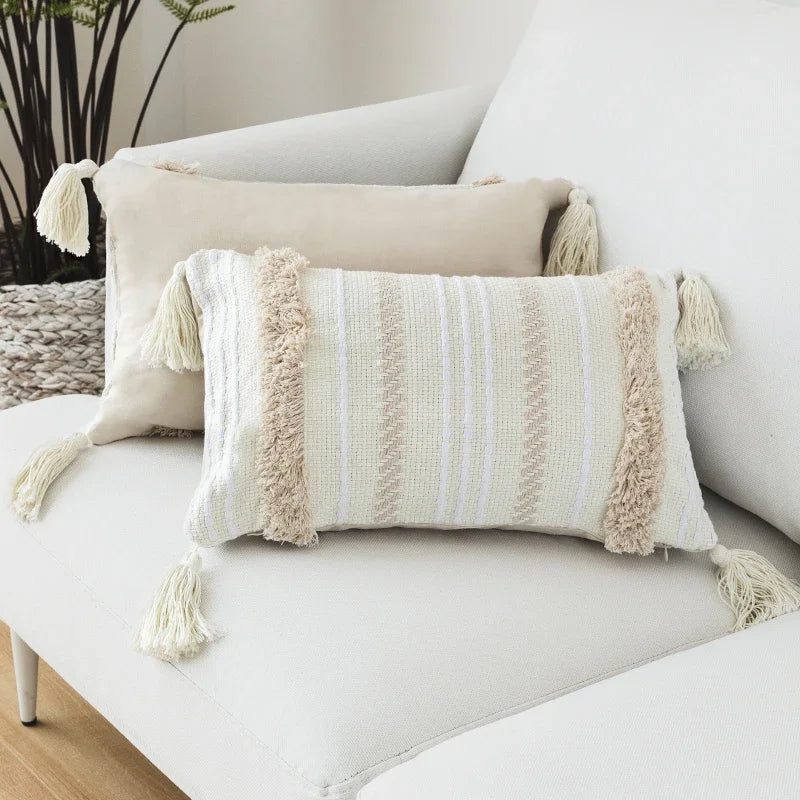 Ivory Tassel Cushion Cover - Moroccan Style Tuft - Axyaa Brand