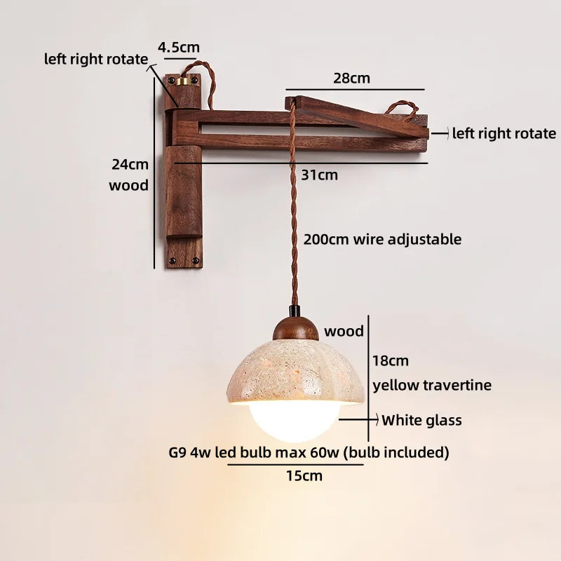 Axyaa Nordic LED Wall Sconce Yellow Travertine Stone Wood Handle Stair Light