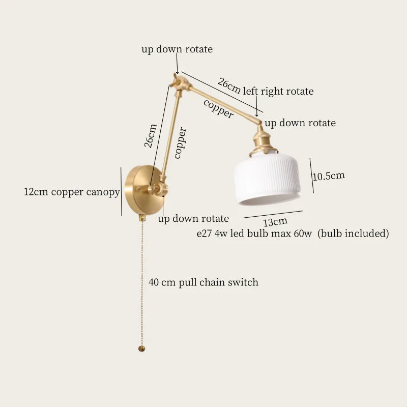 Axyaa Ceramic LED Wall Lamp Pull Chain Switch Nordic Copper Wandlamp