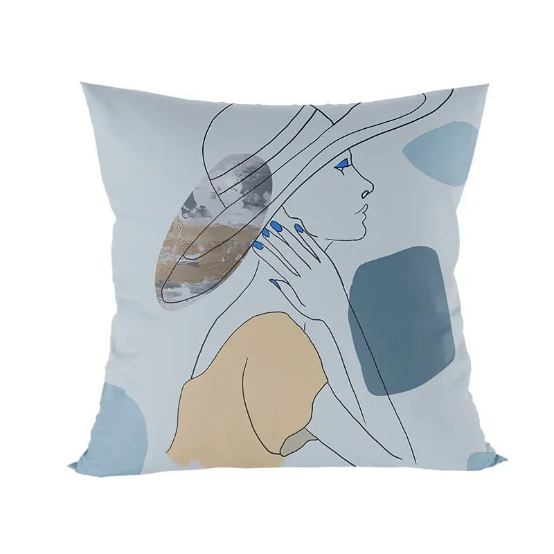 Abstract Line Drawing Girls Print Cushion Cover 45x45cm by Axyaa