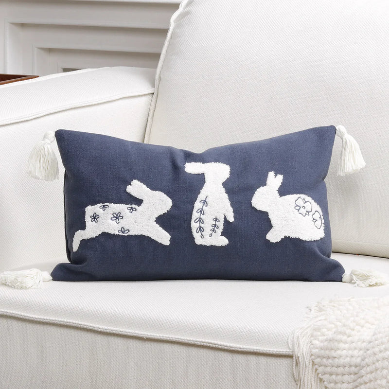 Axyaa Bunny Rabbit Floral Embroidery Pillow Cover, Soft Canvas Texture, Easter Home Decor