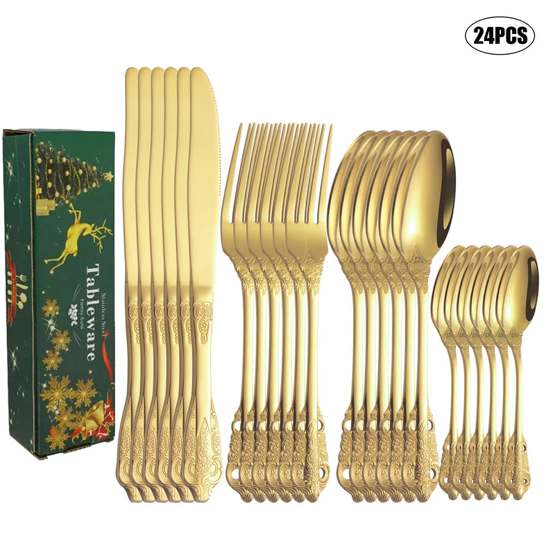Axyaa 24pcs High-End Stainless Steel Tableware Set for Home, Hotel, Party, Christmas Gift
