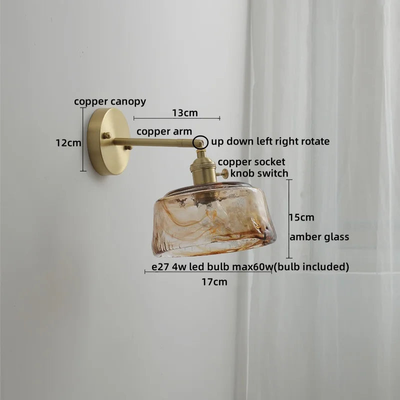 Axyaa Glass Copper LED Wall Lamp with Knob Switch for Modern Home Decor
