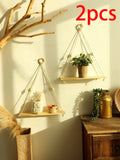 Axyaa Macrame Floating Wall Shelf: Boho Home Decor Plant Corner Holder Display Stand