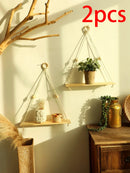 Axyaa Macrame Floating Wall Shelf: Boho Home Decor Plant Corner Holder Display Stand