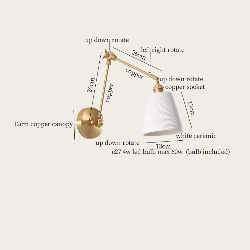 Axyaa Ceramic LED Wall Lamp Pull Chain Switch Nordic Copper Wandlamp