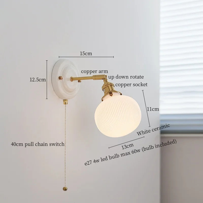Axyaa White Glass LED Wall Light with Pull Chain Switch for Bedroom, Living Room, or Stairway