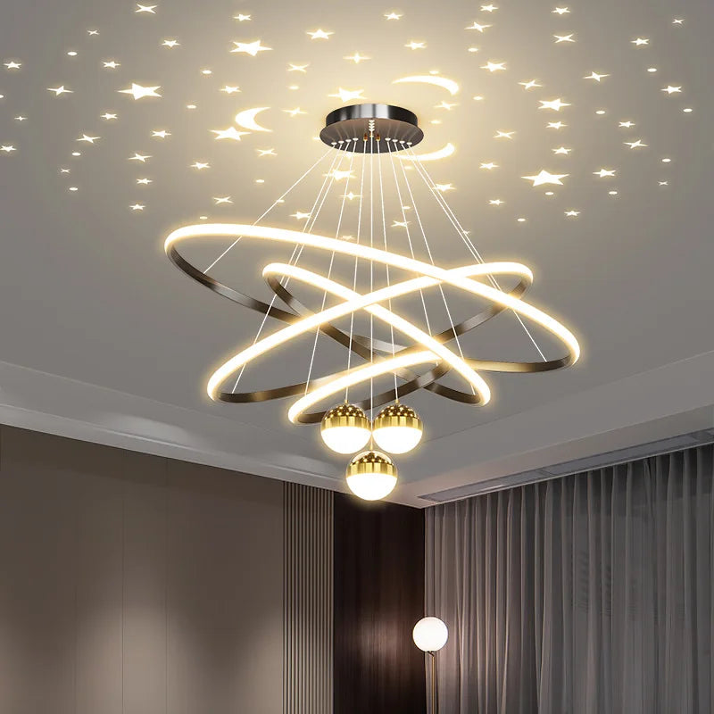 Axyaa Starry Sky Projection LED Chandelier in Black/Gold - Hanging Pendant Lights for Home