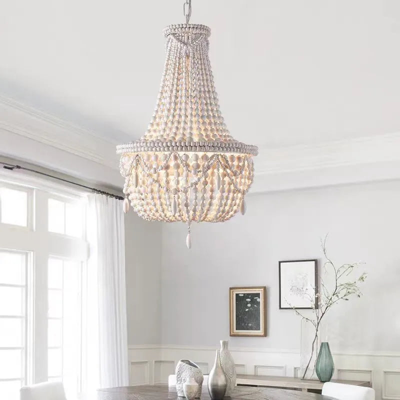 Axyaa Rustic Wood Bead Chandelier LED Round Dining Lamp Boho Bedroom Ceiling Light