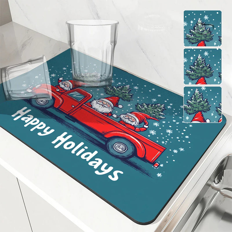 Axyaa Christmas Dish Drying Mat - Heat Resistant Non-slip Kitchen Counter Pad