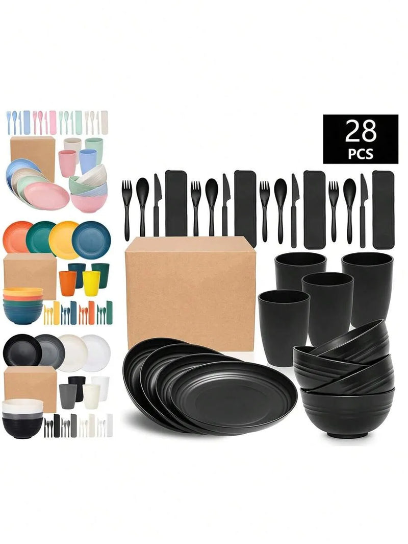 Axyaa 28pcs Plastic Tableware Set: Plate, Bowl, Cup, Cutlery - Reusable for Home, Hotel, Party
