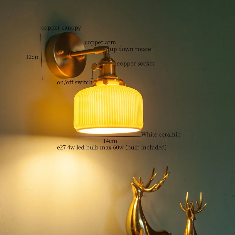 Axyaa Nordic LED Wall Lamps, Modern Copper Arm Ceramic Light for Living Room, Bedroom