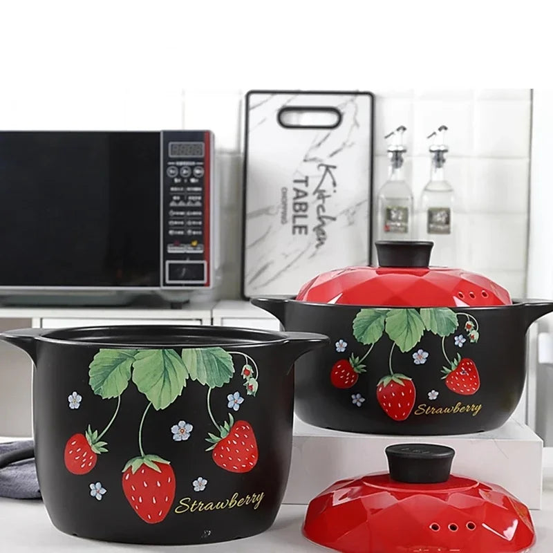 Axya Ceramic Strawberry Casserole Soup Pot - Red Round Kitchenware
