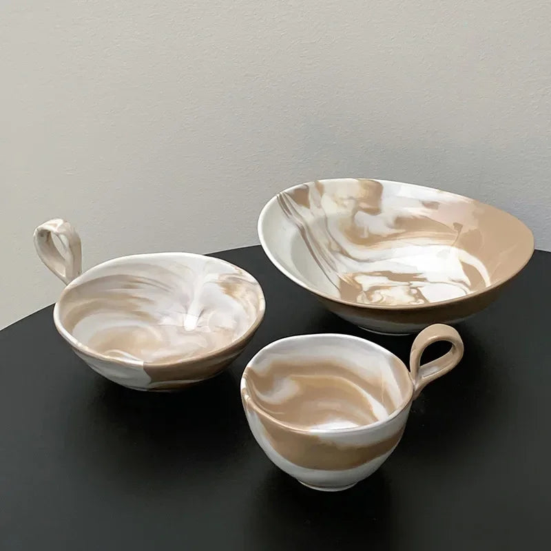 Axyaa Ceramic Marble Fruit Salad Dessert Bowl - Retro Yogurt Large Tableware