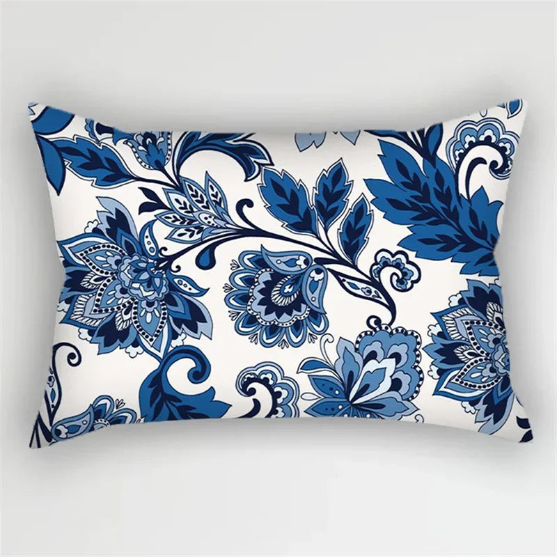 Bohemian Blue Flower Pillowcase with Vintage Ink Plant Leaf Design, by Axyaa