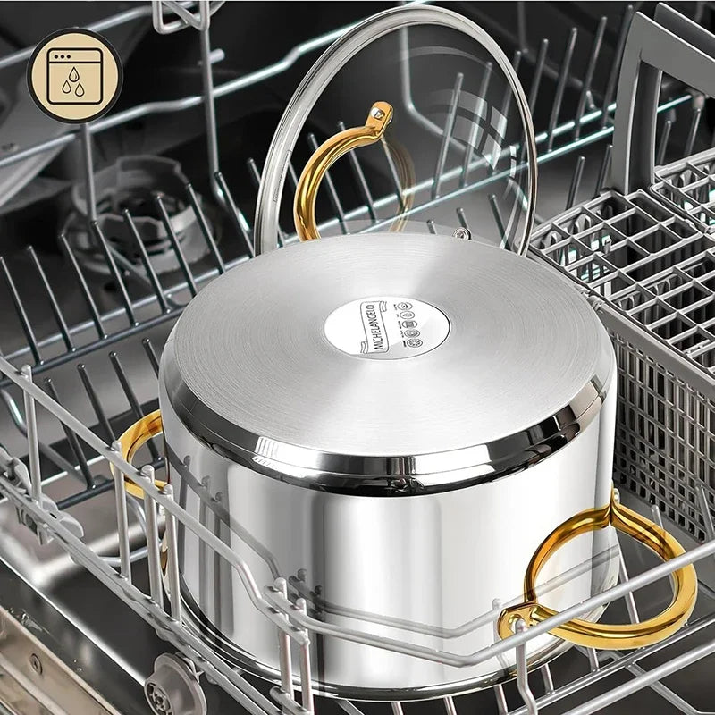 Axyaa Stainless Steel Stock Pot with Lid 10QT Induction Compatible Soup Pot