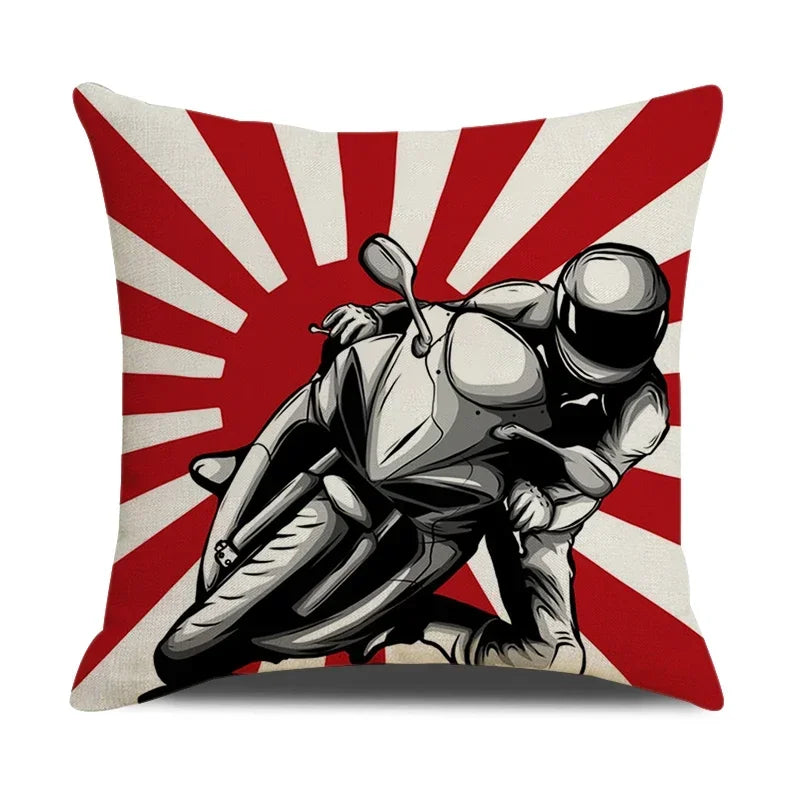 Retro Motorcycle Girls Linen Pillow Cover by Axyaa