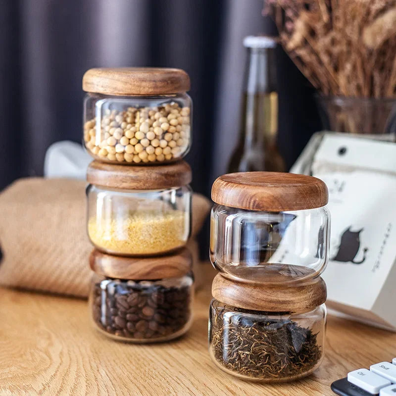 Axya Acacia Wood Glass Storage Jar for Tea, Snacks, and Grains