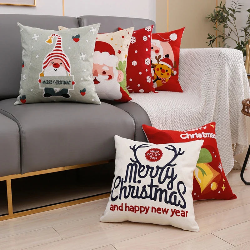 Embroidered Santa Deer Snowflake Pillow Cover 45x45cm for Sofa Bed by Axyaa