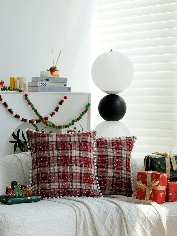 Axyaa Christmas Ball Plaid Pillow Cover 45x45cm - Soft Decorative Atmosphere Pillowcase