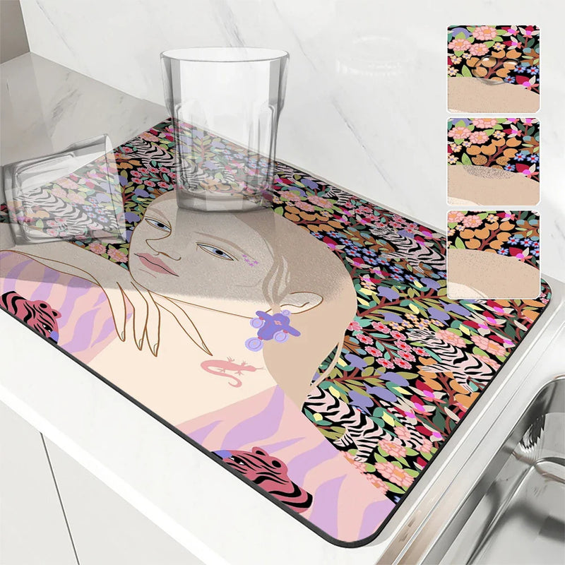 Axyaa Tropical Flowers Absorbent Drain Pad for Kitchen and Bathroom