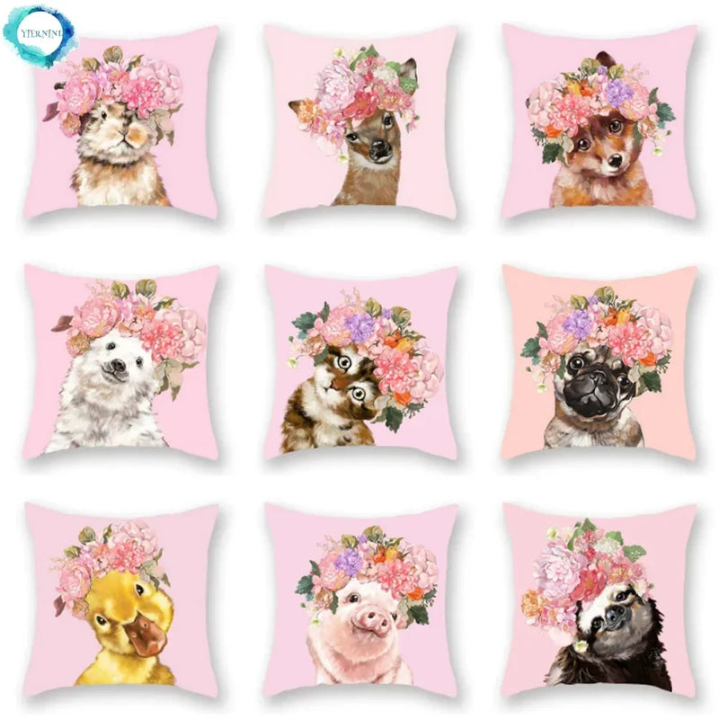 Floral Animal Painting Pillowcase Pink Cat Dog Llama Sofa Cushion Cover Home Decor