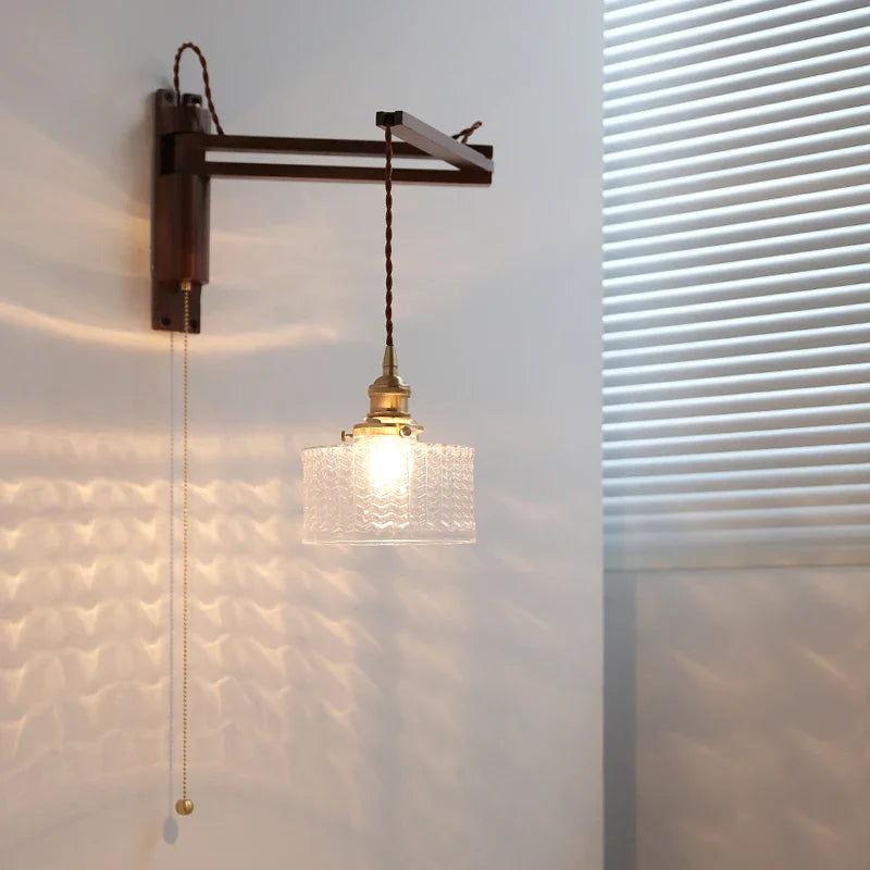 Axyaa Clear Glass LED Wall Sconce with Arm, Black Walnut Wood Stair Light