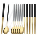 Axyaa Black Stainless Steel Cutlery Set with Korean Chopsticks & Dinner Spoons