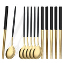 Axyaa Black Stainless Steel Cutlery Set with Korean Chopsticks & Dinner Spoons