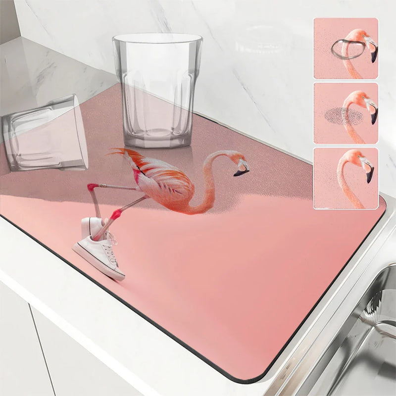 Axyaa Flamingo Absorbent Draining Mat: Quick Drying Kitchen & Bathroom Drain Pad